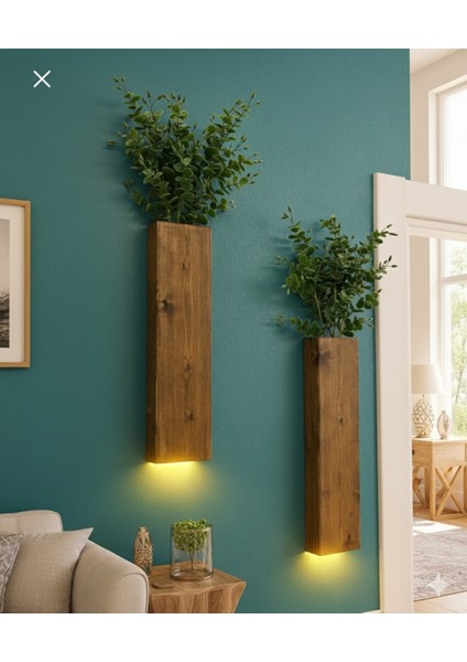 2 Li Peri Ledli Pilli Ahşap Çiçeklik Dekoratif Aydınlatma Yapay Çiçek Balkon Dekoru Otel Bohem 40CM