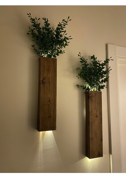 2 Li Peri Ledli Pilli Ahşap Çiçeklik Dekoratif Aydınlatma Yapay Çiçek Balkon Dekoru Otel Bohem 40CM indirimleri