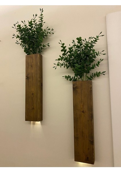 2 Li Peri Ledli Pilli Ahşap Çiçeklik Dekoratif Aydınlatma Yapay Çiçek Balkon Dekoru Otel Bohem 40CM