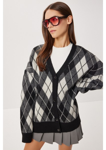 Oversize Baklava Desenli Triko Hırka LXA0028 Siyah Antrasit