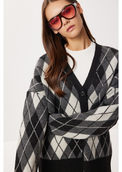 Oversize Baklava Desenli Triko Hırka LXA0028 Siyah Antrasit fiyatları