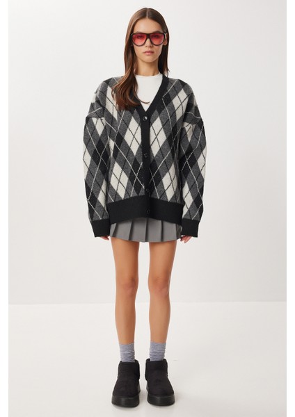 Oversize Baklava Desenli Triko Hırka LXA0028 Siyah Antrasit modelleri