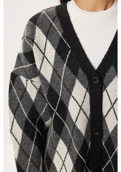 Oversize Baklava Desenli Triko Hırka LXA0028 Siyah Antrasit fırsatları