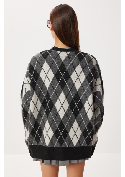 Oversize Baklava Desenli Triko Hırka LXA0028 Siyah Antrasit indirimleri