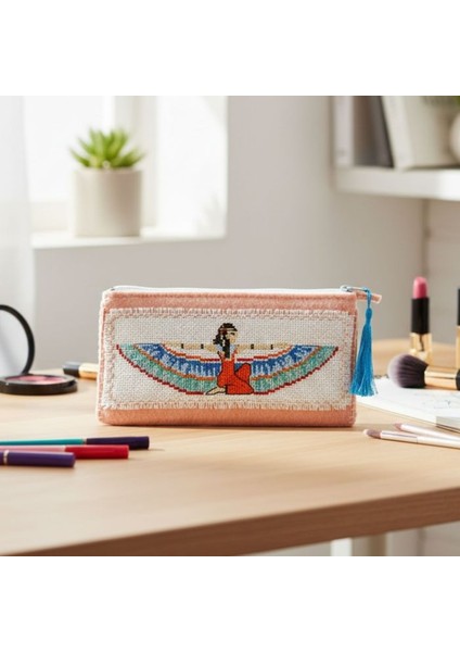 2800 El Yapımı Maat Desen Kanaviçe Işlemeli Keçe Kalem / Makyaj Çantası
