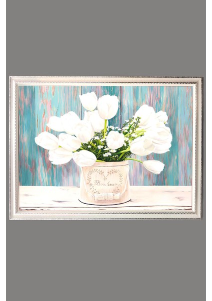 Beyaz Lale Vazosu Desenli Dijital Baskılı Kadife Kumaş Çerçeveli Tablo TBL0074