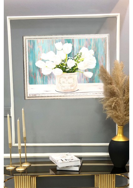 Beyaz Lale Vazosu Desenli Dijital Baskılı Kadife Kumaş Çerçeveli Tablo TBL0074 fiyatları