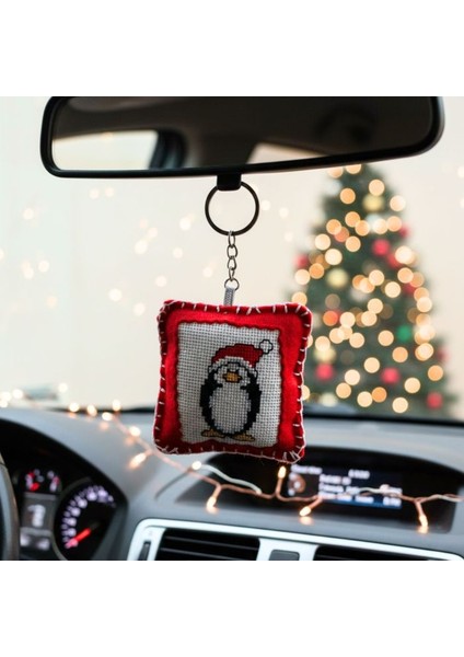 8896 El Yapımı Penguen Temalı Kanaviçe Anahtarlık