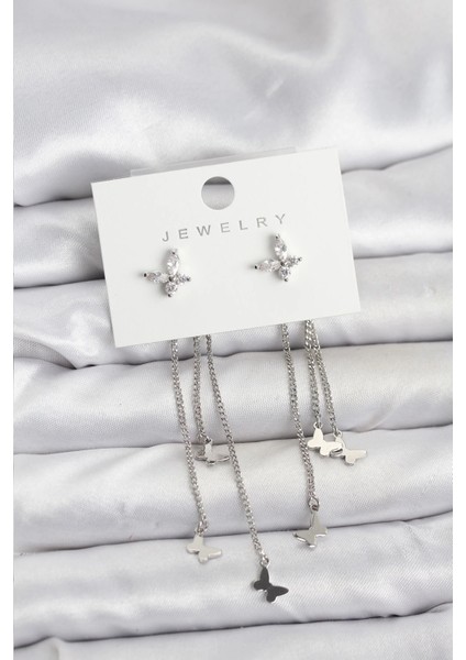 Brf Bfs Kelebek Model Gümüş Renk Pirinç Sallantılı Kadın Küpe