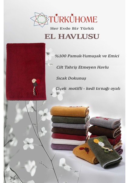 Çiçek Motifli, Kedi Tırnağı Oyalı, Yumuşak Dokulu Pamuklu El Havlusu | Kırmızı | 50X90 cm fiyatları