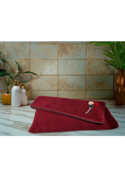 Çiçek Motifli, Kedi Tırnağı Oyalı, Yumuşak Dokulu Pamuklu El Havlusu | Kırmızı | 50X90 cm modelleri
