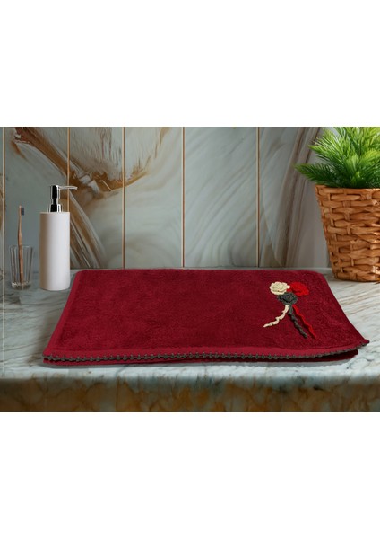 Çiçek Motifli, Kedi Tırnağı Oyalı, Yumuşak Dokulu Pamuklu El Havlusu | Kırmızı | 50X90 cm fırsatları