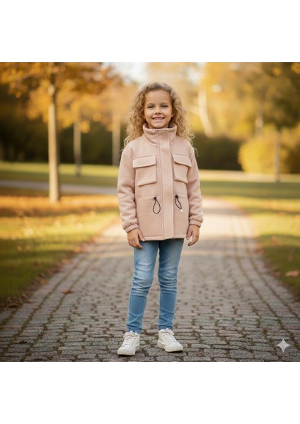 Fancy Kids Antalya Kız Çocuk Kısa Pudra Kaban Boyunluklu Şardonlu Cepli