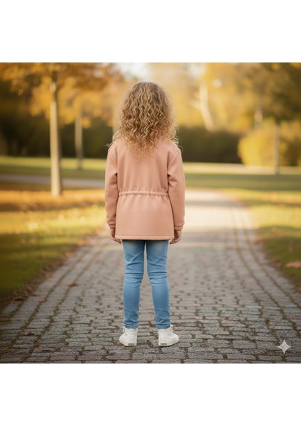 Fancy Kids Antalya Kız Çocuk Kısa Pudra Kaban Boyunluklu Şardonlu Cepli