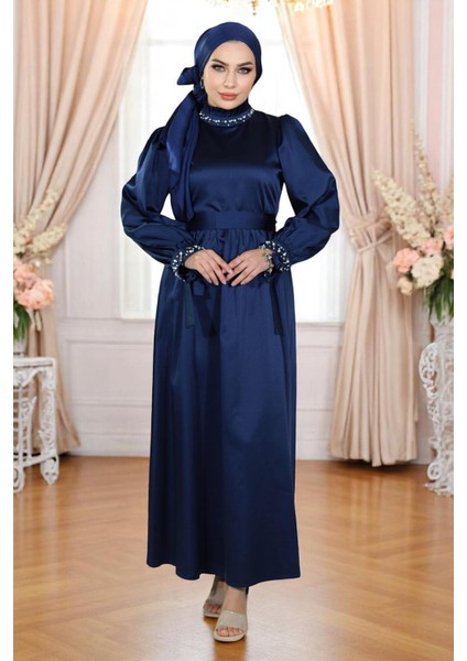 İncili Saten Abiye Lacivert 19121 indirimleri