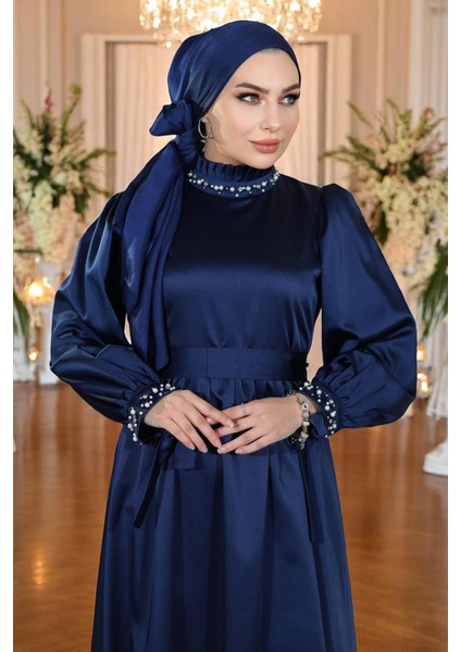 İncili Saten Abiye Lacivert 19121