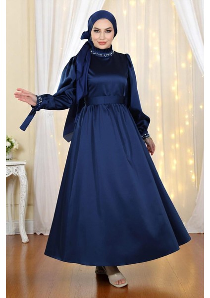 İncili Saten Abiye Lacivert 19121