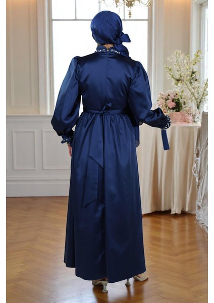 İncili Saten Abiye Lacivert 19121