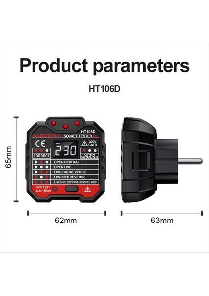 Habotest HT106 Soket Test Cihazı Voltajı Test Dedektörü Ab Fiş Zemin Sıfır Hat Fiş Polarite Faz Kontrol (Yurt Dışından) fırsatları