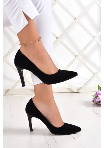 Gowa Siyah Süet Sivri Burun Ince Topuklu Klasik Stiletto Ayakkabı