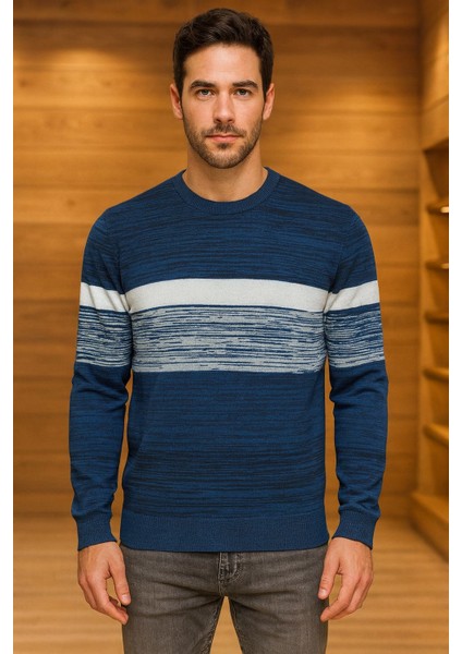 Weisman Pamuk Bisiklet Yaka Çizgili Erkek Triko Kazak