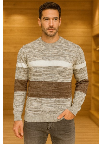 Weisman Pamuk Bisiklet Yaka Çizgili Erkek Triko Kazak