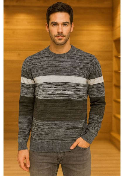 Weisman Pamuk Bisiklet Yaka Çizgili Erkek Triko Kazak