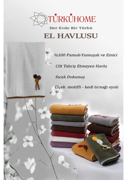 Çiçek Motifli, Kedi Tırnağı Oyalı, Yumuşak Dokulu Pamuklu El Havlusu | Beyaz | 50X90 cm fiyatları