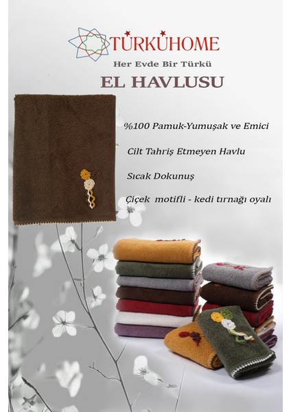 Çiçek Motifli, Kedi Tırnağı Oyalı, Yumuşak Dokulu Pamuklu El Havlusu | Kahverengi | 50X90 cm fiyatları