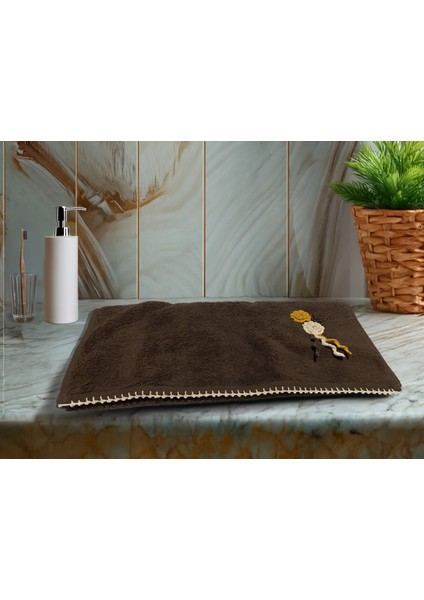 Çiçek Motifli, Kedi Tırnağı Oyalı, Yumuşak Dokulu Pamuklu El Havlusu | Kahverengi | 50X90 cm modelleri