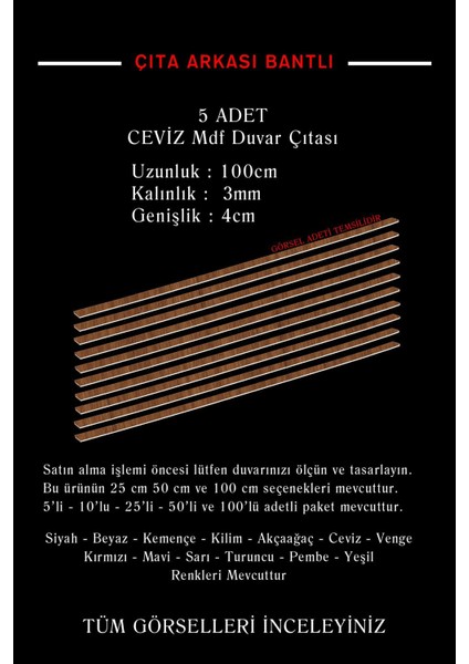 Ceviz Duvar Çıtası 1 Paket (5 Adet) 100 x 5 cm Dekoratif Şerit Duvar Çıtası Boyanabilir Mdf fırsatları
