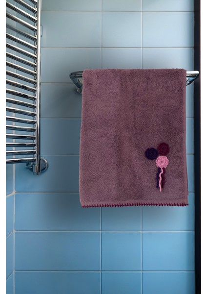 Çiçek Motifli, Kedi Tırnağı Oyalı, Yumuşak Dokulu Pamuklu El Havlusu | Mor | 50X90 cm