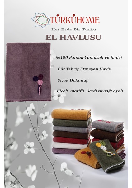 Çiçek Motifli, Kedi Tırnağı Oyalı, Yumuşak Dokulu Pamuklu El Havlusu | Mor | 50X90 cm fiyatları