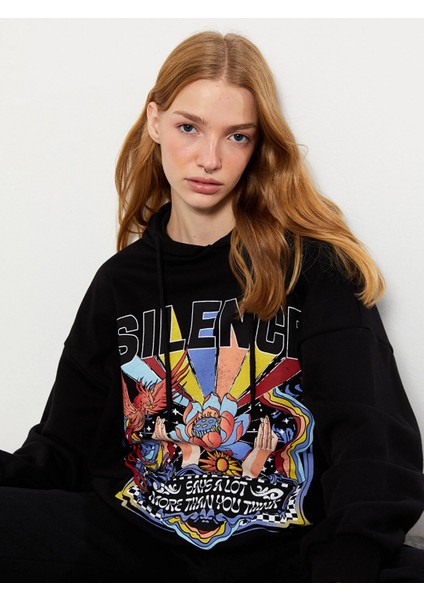 Xsıde Siyah Baskılı Kadın Kalın Hoodie