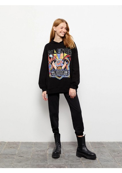 Xsıde Siyah Baskılı Kadın Kalın Hoodie modelleri