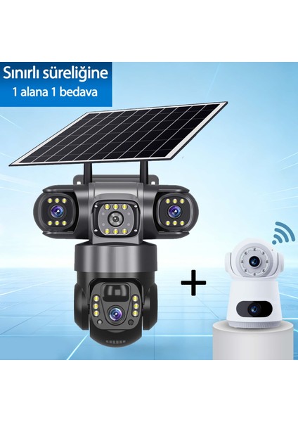 1 Alana 1 Bedava! Güneş Enerjili 6mp Sım + 4mp Wifi Güvenlik Kamera Seti - Ptz, Gece Görüş, Iki Yönlü Ses
