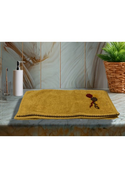 Çiçek Motifli, Kedi Tırnağı Oyalı, Yumuşak Dokulu Pamuklu El Havlusu | Sarı | 50X90 cm modelleri