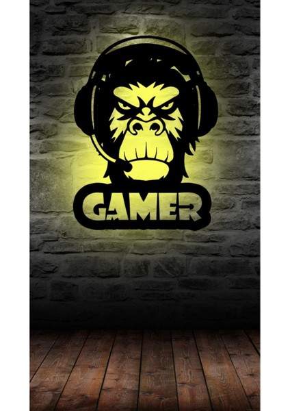 Ledli Gamer Maymun Ahşap Duvar Tablosu