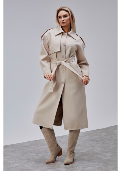 Marvella Bej Premium Apoletli Rüzgarlık Detaylı Kaşe Kaban fiyatları