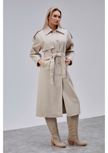 Marvella Bej Premium Apoletli Rüzgarlık Detaylı Kaşe Kaban modelleri