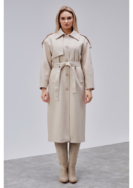 Marvella Bej Premium Apoletli Rüzgarlık Detaylı Kaşe Kaban indirimleri