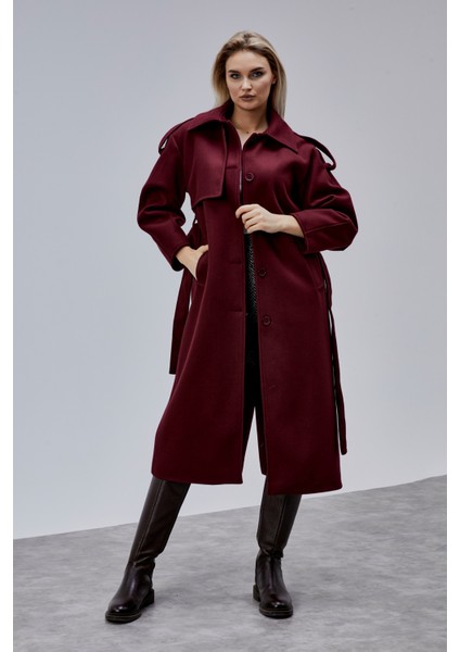Marvella Bordo Premium Apoletli Rüzgarlık Detaylı Kaşe Kaban