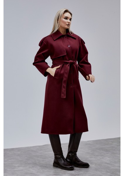 Marvella Bordo Premium Apoletli Rüzgarlık Detaylı Kaşe Kaban modelleri