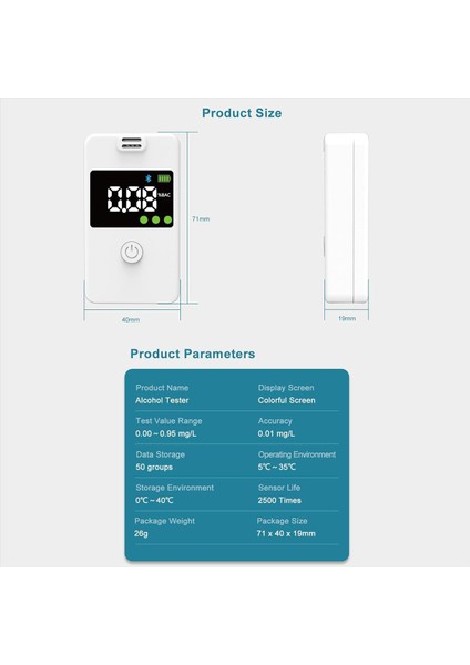 Breathalyzer Bluetooth Bağlantı ile Sınıf Doğruluk-Alkol Test Cihazı Kişisel Ev Için Dijital Mavi LCD Ekran (Yurt Dışından) indirimleri