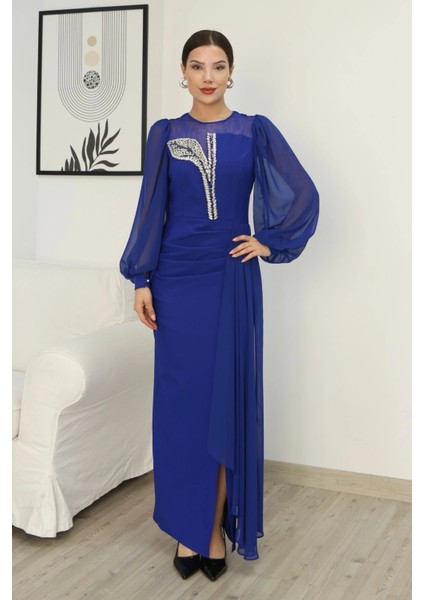 Yakası Tül Bel Detaylı Pile ve Yırtmaçlı Abiye Elbise 2313-SAKS fiyatları