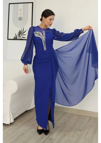 Yakası Tül Bel Detaylı Pile ve Yırtmaçlı Abiye Elbise 2313-SAKS modelleri