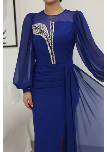 Yakası Tül Bel Detaylı Pile ve Yırtmaçlı Abiye Elbise 2313-SAKS fırsatları