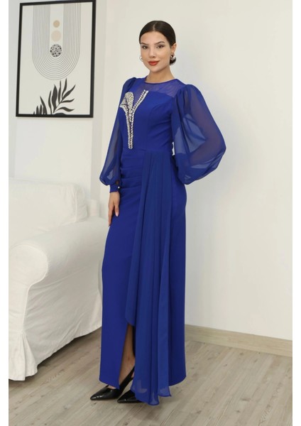 Yakası Tül Bel Detaylı Pile ve Yırtmaçlı Abiye Elbise 2313-SAKS indirimleri