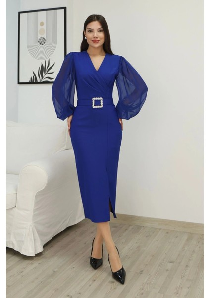 Kruvaze Yaka Balon Kollu Yırtmaçlı Abiye Elbise 2315-SAKS