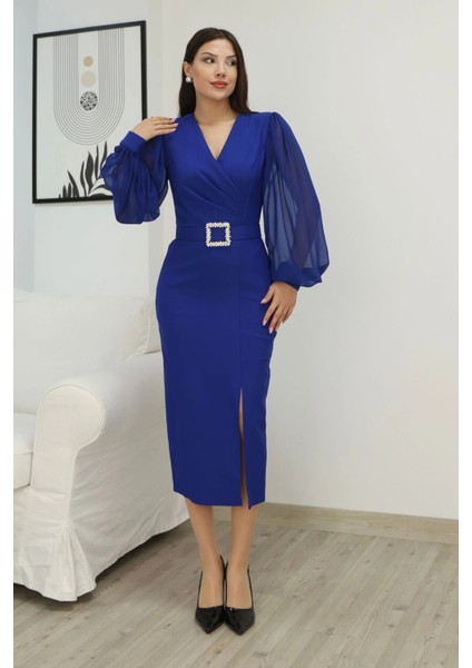 Kruvaze Yaka Balon Kollu Yırtmaçlı Abiye Elbise 2315-SAKS fiyatları